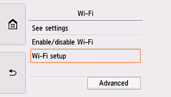 Wi-Fi screen: Select Wi-Fi setup